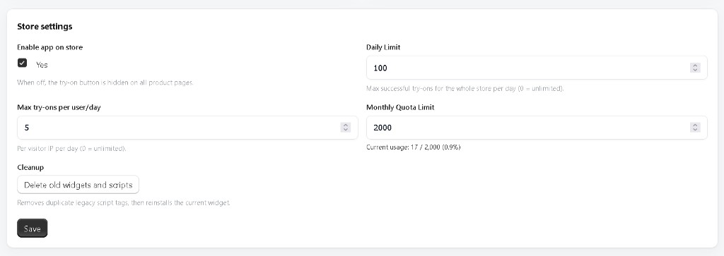 Store settings and quotas